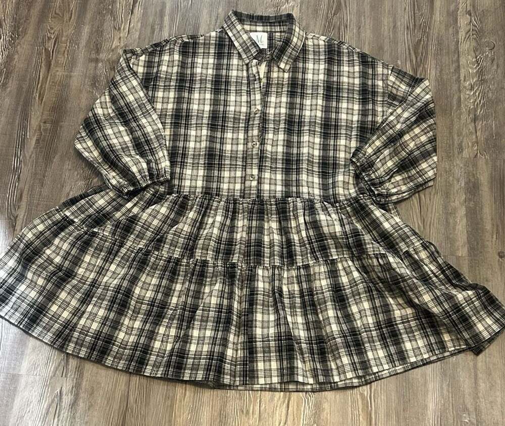 The Mint Black and White Plaid Tiered Mini Shirt Dress